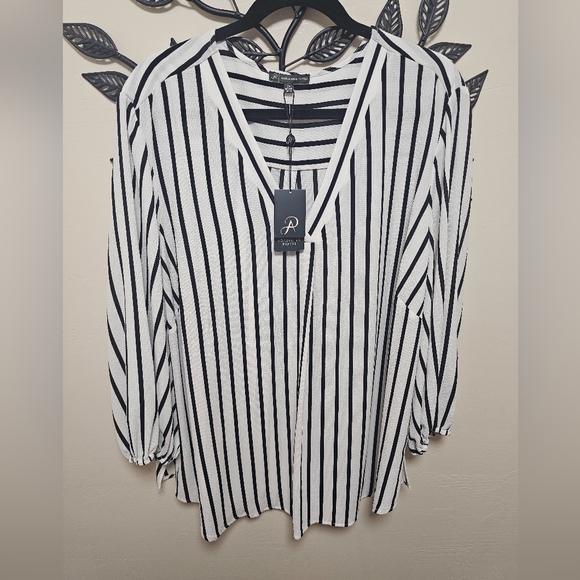 Adrianna Papell Black and White‎ Striped V-Neck Blouse Size 2x - Picture 1 of 11
